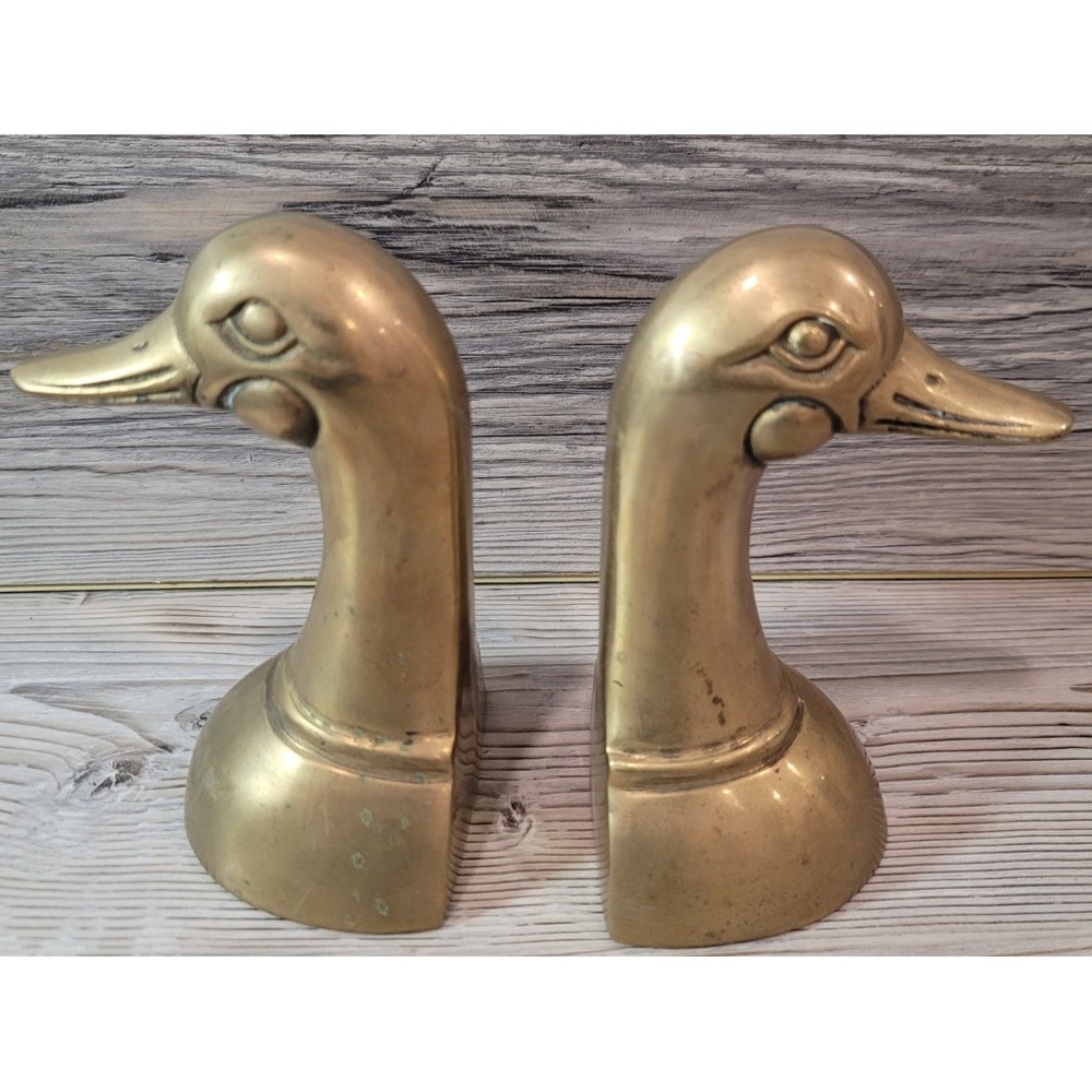 Vintage Set of 2 Solid Brass 6.5" Mallard Duck Head Bookends MCM